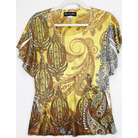 Appropriate Behavior Butterfly Sleeve Damask Print Blouse Women S Yellow Tan - Picture 3 of 8